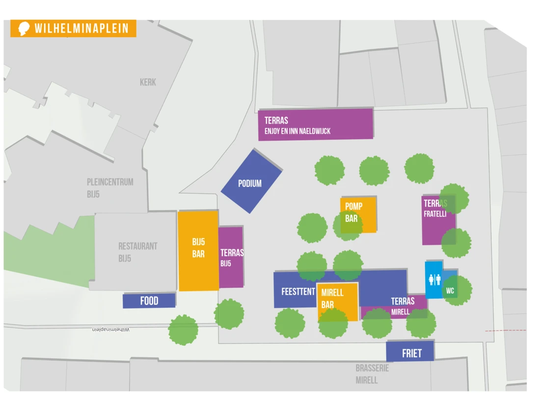 Plattegrond van het Wilhelminaplein met podium, EHBO, toiletten, foodbar, ingangen en kinderzone
